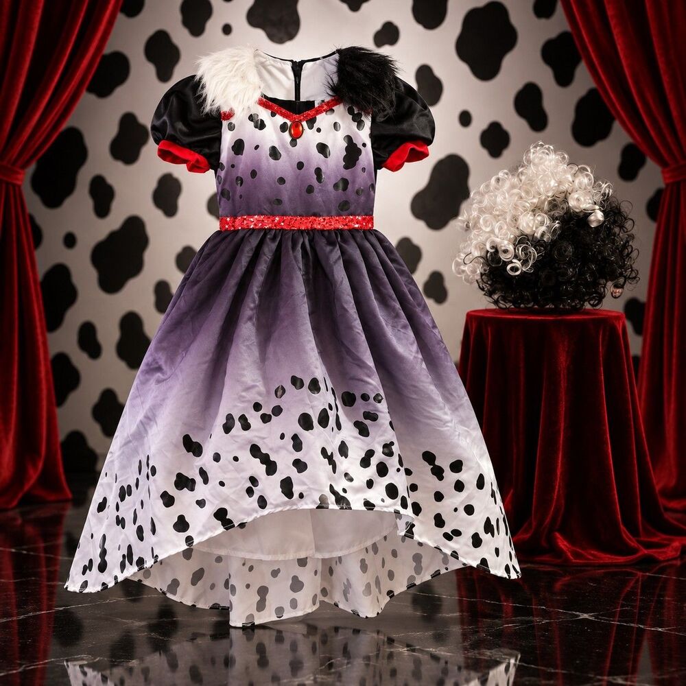 Disney Cruella De Vil Girls Costume Dress Wig Size M Medium 8 10 Halloween C164